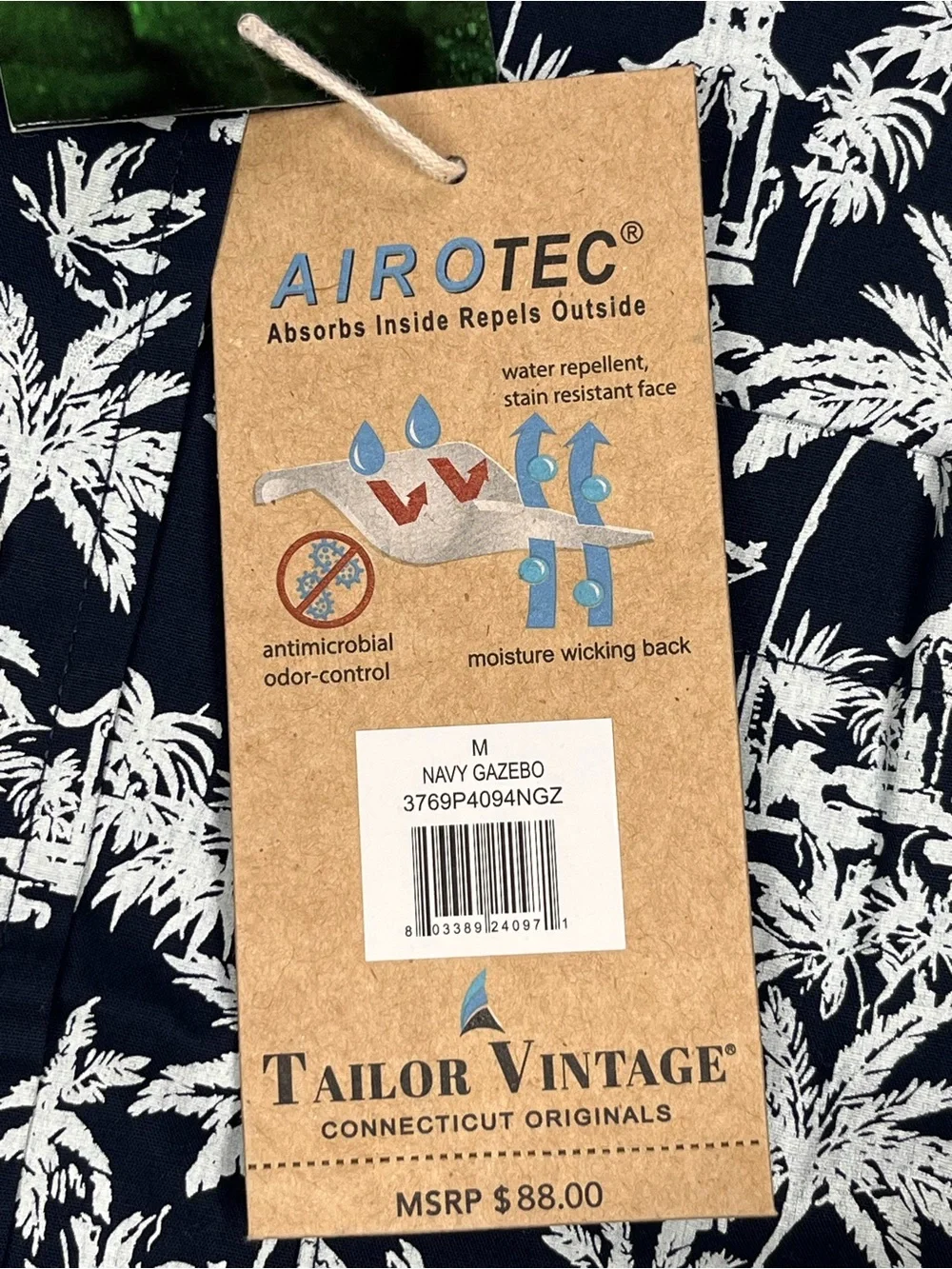 Tailor Vintage Airotec+ Tropical Navy Blue Short Sleeve Button Down. Medium - Picture 7 of 9
